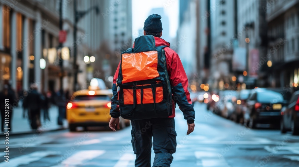 Naklejka premium A delivery person navigating city streets to ensure timely food delivery for a busy professional