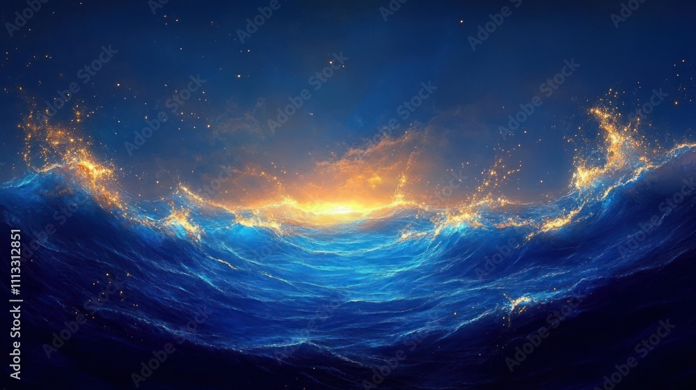 Golden Waves and Blue Background with Glittering Light Golden Waves and Blue Background with Glittering Light