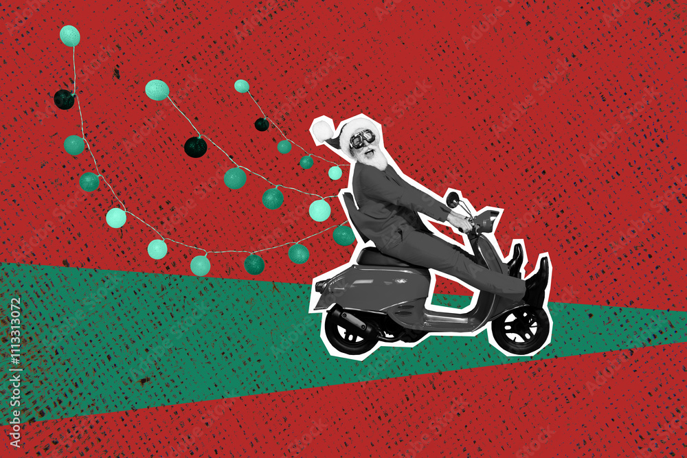 Obraz premium Composite photo collage of happy old man ride scooter moped garland decor xmas delivery service event isolated on painted background