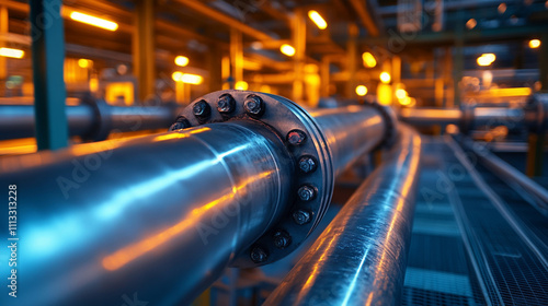 Intricate network of glowing pipelines inside an oil refinery, showcasing the blend of industrial technology and energy production, symbolizing modern infrastructure and the power of energy systems