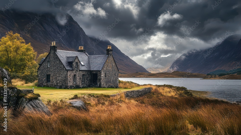 Fototapeta premium A dramatic overcast sky casting moody shadows over the Scottish Highlands
