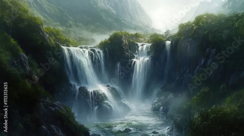 Majestic waterfall cascading down steep cliffs, lush greenery, misty atmosphere.