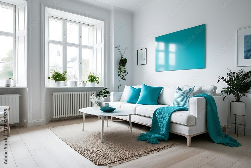 Bright living room with white sofa, teal accents, and large window. Bright living room with white sofa, teal accents, and large window.