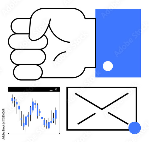 Hand in blue shirt cuff, blocking view of fluctuating stock chart and unopened email envelope. Ideal for business, finance, communication, productivity, digital marketing, workflow, time management