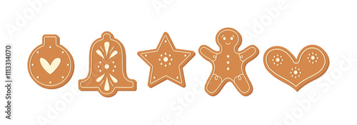 Gingerbread Cookies Collection. Christmas and New Year Food. Home Festive Baked Bell, Star, Heart, Gingerbread Man.