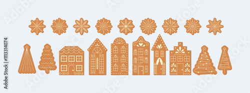 Gingerbread Houses with Fir Trees and Snowflakes Collection. Christmas and New Year Cookies. Home Festive Bakery.