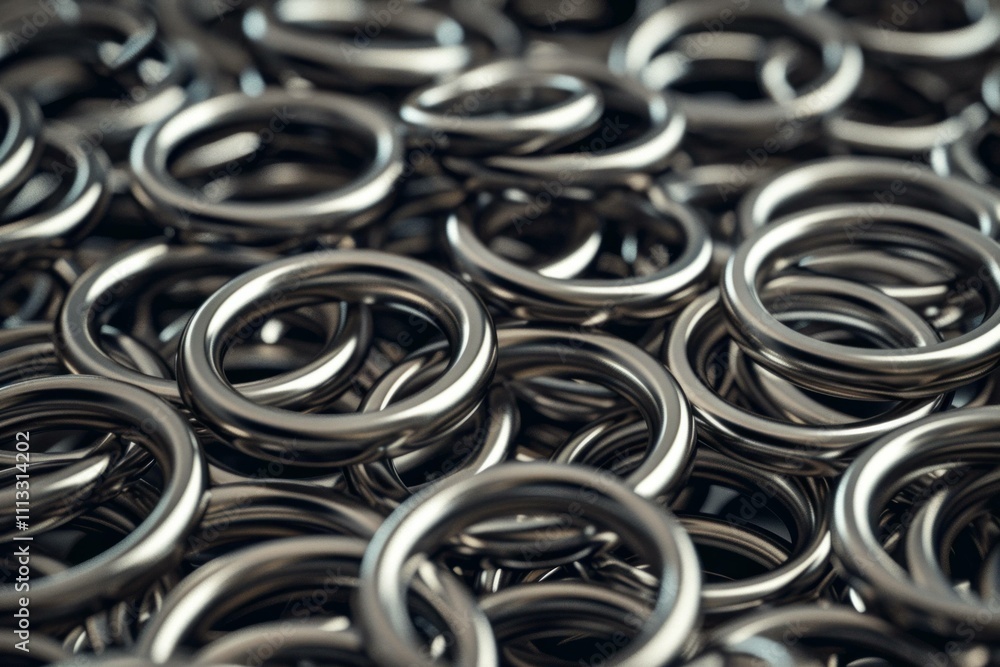 Close-up of numerous metallic rings stacked together, showcasing various sizes and textures in a shiny and reflective arrangement. Close-up of numerous metallic rings stacked together, showcasing various sizes and textures in a shiny and reflective arrangement.