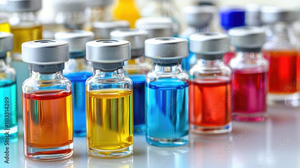 Colorful vials filled with various liquids, arranged in a neat row, showcasing a spectrum of hues typical in laboratory or medical settings. Colorful vials filled with various liquids, arranged in a neat row, showcasing a spectrum of hues typical in laboratory or medical settings.