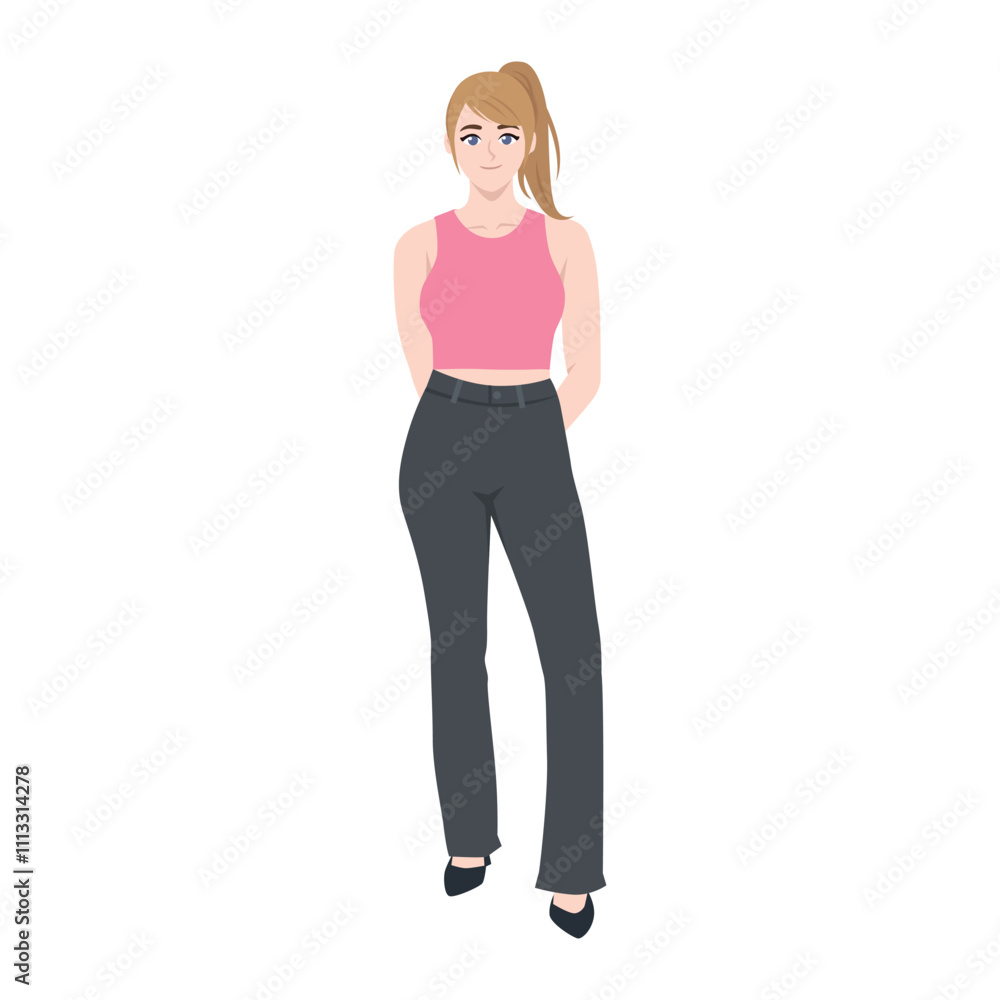 Mature woman in pink tanktop posing. Flat Vector Character Isolated. Mature woman in pink tanktop posing. Flat Vector Character Isolated.