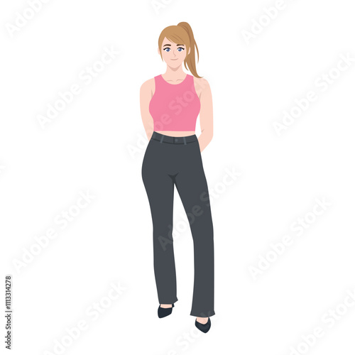 Mature woman in pink tanktop posing. Flat Vector Character Isolated.