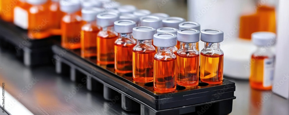 A display of orange liquid-filled vials in a laboratory setting, emphasizing pharmaceutical research and development. A display of orange liquid-filled vials in a laboratory setting, emphasizing pharmaceutical research and development.