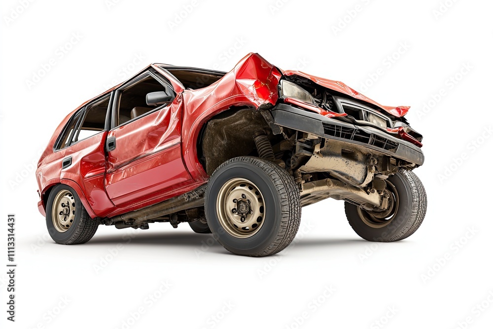 Studio shot of a rollover accident involving a sports utility vehicle isolated on white. Studio shot of a rollover accident involving a sports utility vehicle isolated on white.