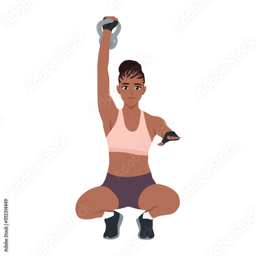 Woman doing doing Kettlebell snatch exercise. Flat Vector Character Isolated.