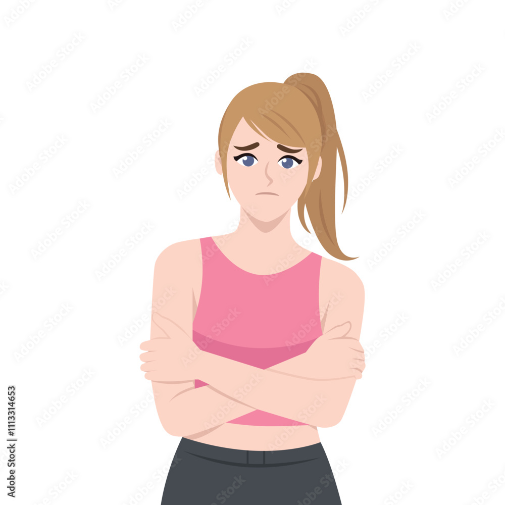Young beautiful woman feeling sorry, mental health diseases disorder. Flat Vector Character Isolated. Young beautiful woman feeling sorry, mental health diseases disorder. Flat Vector Character Isolated.