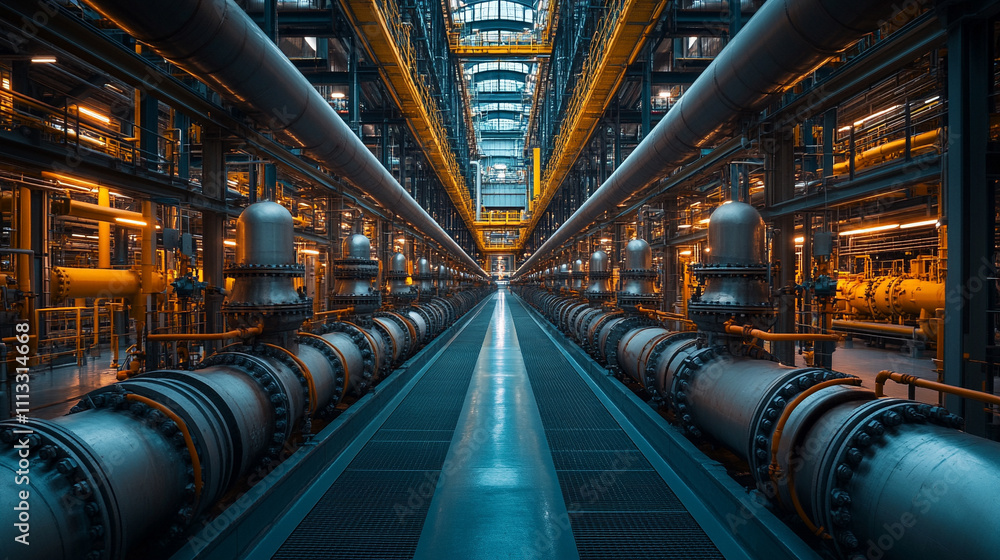 Intricate network of glowing pipelines inside an oil refinery, showcasing the blend of industrial technology and energy production, symbolizing modern infrastructure and the power of energy systems Intricate network of glowing pipelines inside an oil refinery, showcasing the blend of industrial technology and energy production, symbolizing modern infrastructure and the power of energy systems