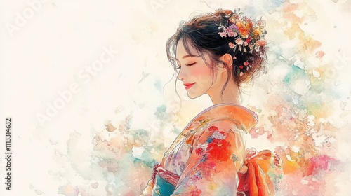 Portrait of a Young Woman in Traditional Kimono with Cherry Blossoms