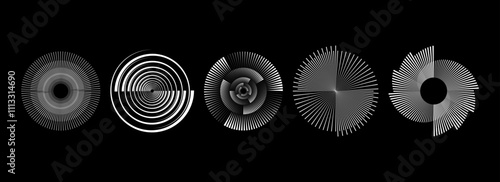 Radial spinning spiral pattern set. Circular speed lines form collection. Rotating circle sound wave concepts. Abstract sunburst ray and beam design element for icon, badge, logo, tag, label. Vector