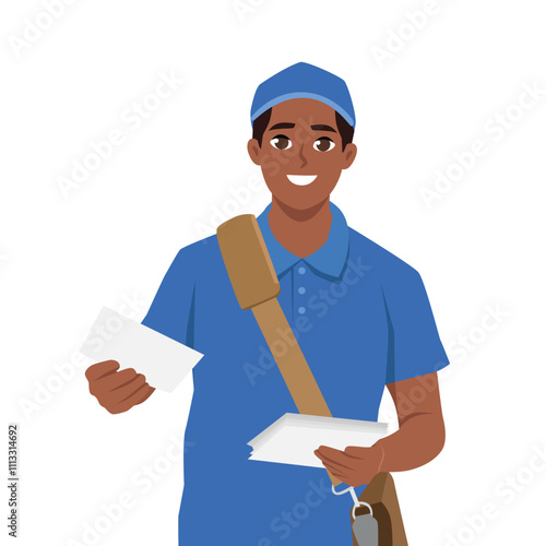 Cheerful postman with parcels and letter. Flat Vector Character Isolated.