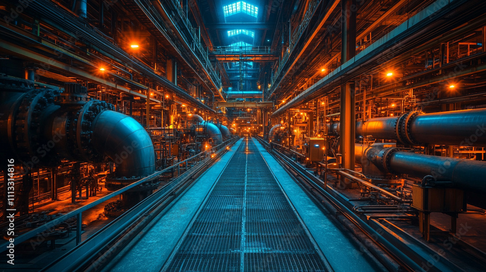 Intricate network of glowing pipelines inside an oil refinery, showcasing the blend of industrial technology and energy production, symbolizing modern infrastructure and the power of energy systems Intricate network of glowing pipelines inside an oil refinery, showcasing the blend of industrial technology and energy production, symbolizing modern infrastructure and the power of energy systems