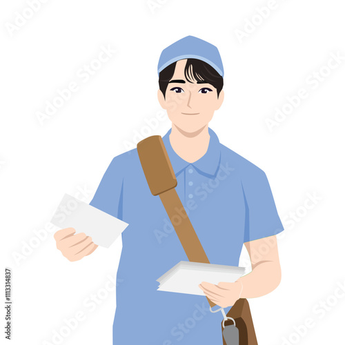 Young Cheerful postman with parcels and letter. Flat Vector Character Isolated.