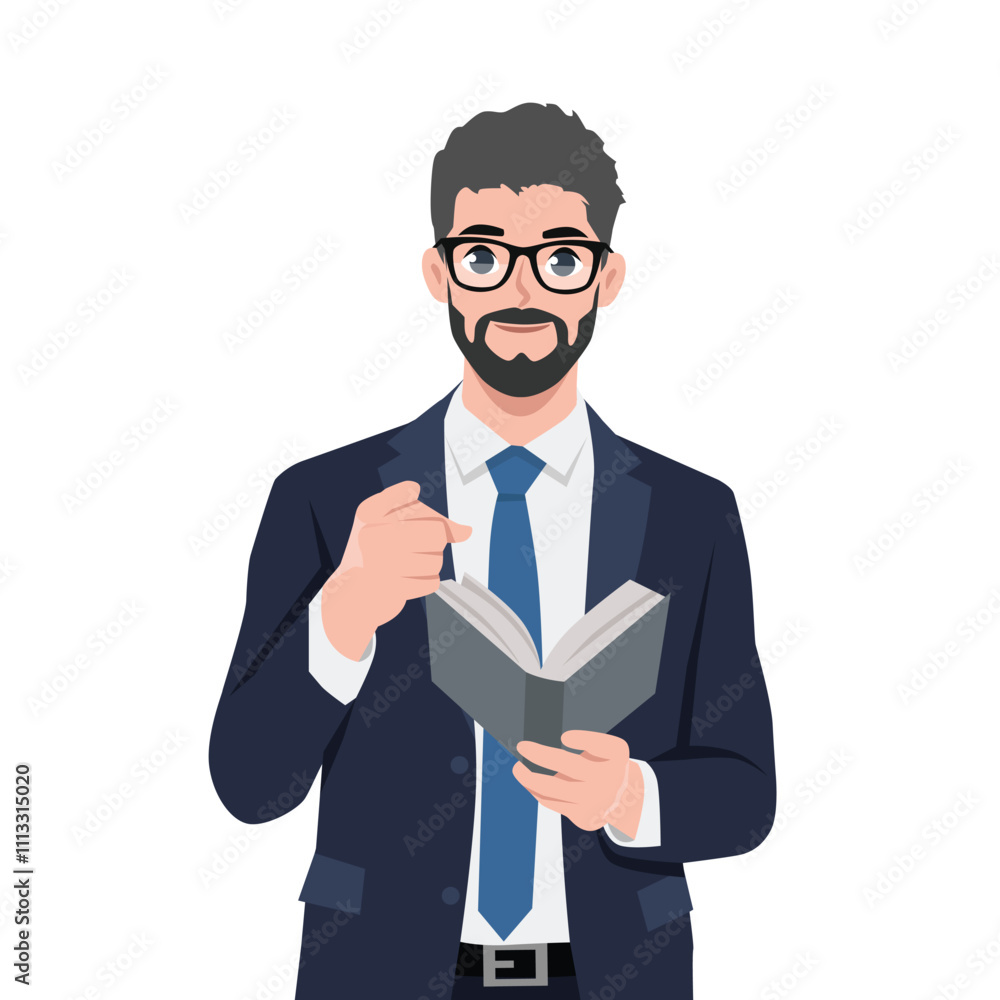 Businessman enjoys reading book and pointing you. Flat Vector Character Isolated. Businessman enjoys reading book and pointing you. Flat Vector Character Isolated.