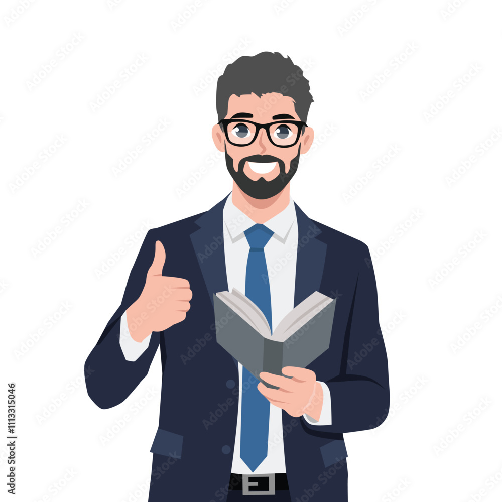 Businessman enjoys reading book showing like sign approval gesture. Flat Vector Character Isolated. Businessman enjoys reading book showing like sign approval gesture. Flat Vector Character Isolated.