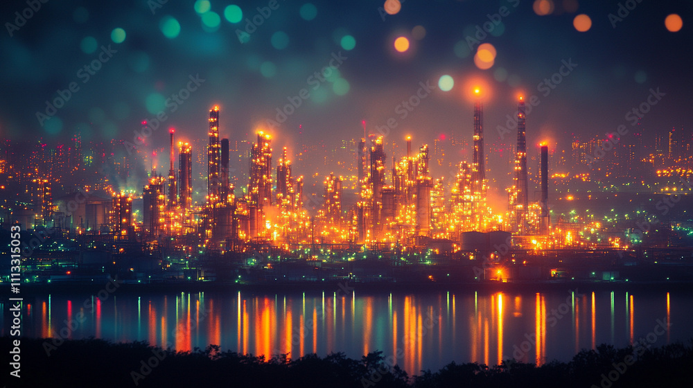 Fototapeta premium Intricate network of glowing pipelines inside an oil refinery, showcasing the blend of industrial technology and energy production, symbolizing modern infrastructure and the power of energy systems