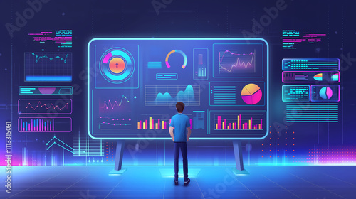 Data engineer analyzing graphs on futuristic dashboard