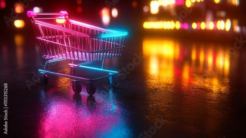 vibrant virtual shopping cart glows brightly in neon colors symbolizing modern e-commerce and the digital age, representing convenience, technology, and the future of online shopping photo