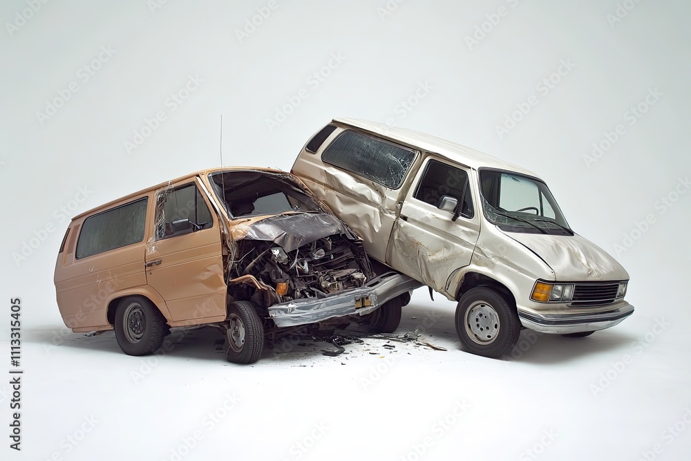Studio shot of a T-bone collision between a van and a sedan on white. Studio shot of a T-bone collision between a van and a sedan on white.