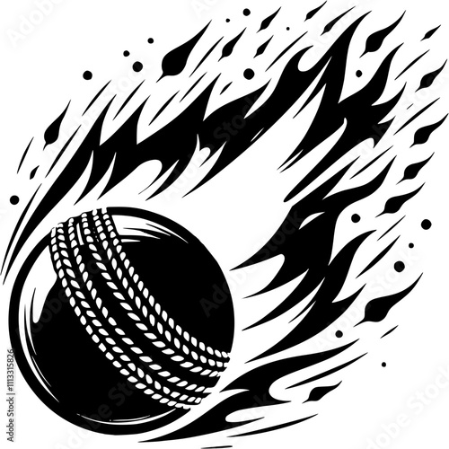Cricket ball flies at high speed leaving fiery trail in monochrome. Simple minimalistic vector in black ink drawing on transparent background