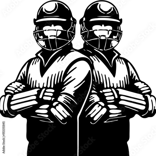 Cricket players in protective gear stand back to back with their arms crossed confidently in monochrome. Simple minimalistic vector in black ink drawing on transparent background