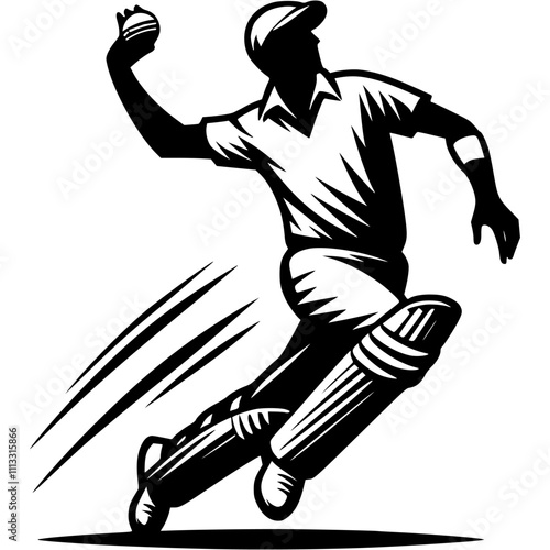 Cricketer takes swing to make ball shot in monochrome. Simple minimalistic vector in black ink drawing on transparent background