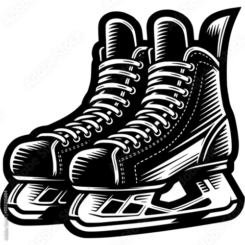 Pair of boots with skates for playing ice hockey in monochrome. Simple minimalistic vector in black ink drawing on transparent background