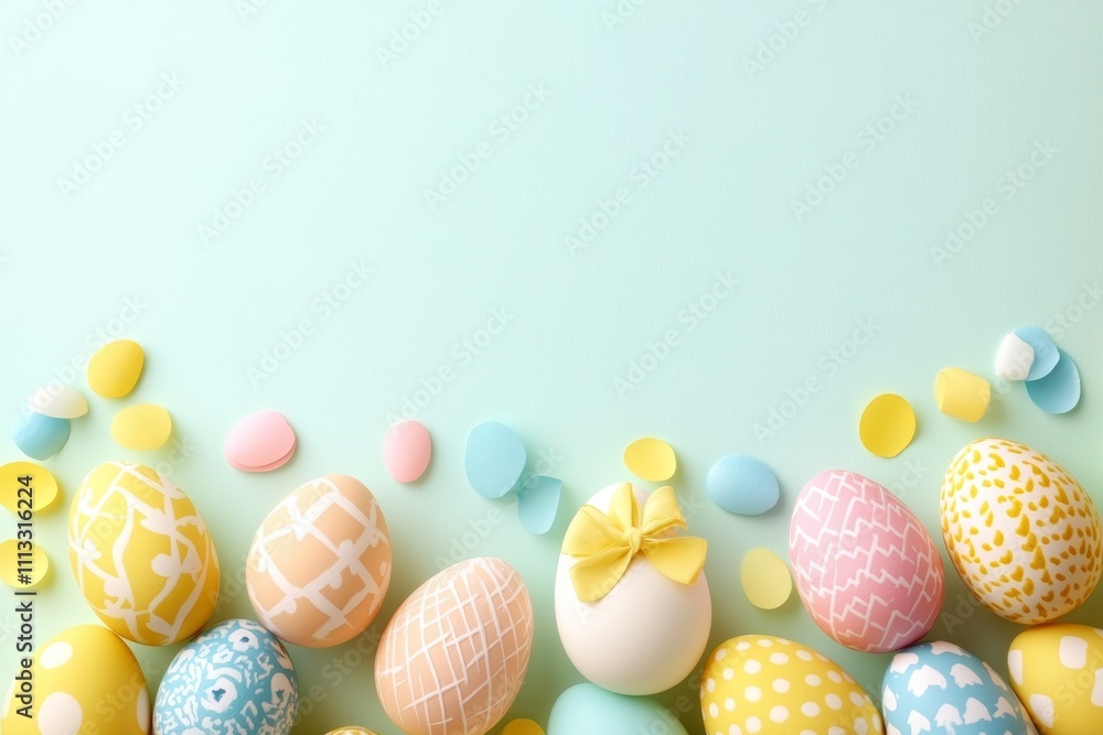 Easter Bunny Ears and Colorful Eggs on Pastel Blue Background with Copyspace for Spring Celebration Easter Bunny Ears and Colorful Eggs on Pastel Blue Background with Copyspace for Spring Celebration