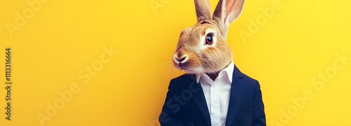 A rabbit in a crisp white shirt and navy blue office jacket, standing against a vibrant yellow background with expansive empty space. photo