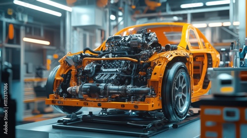 A mechanic inspecting a car engine with precision tools, ensuring safety and efficiency in a clean garage