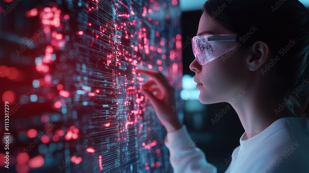 Young woman interacts with digital interface while wearing augmented reality glasses in a futuristic lab Young woman interacts with digital interface while wearing augmented reality glasses in a futuristic lab