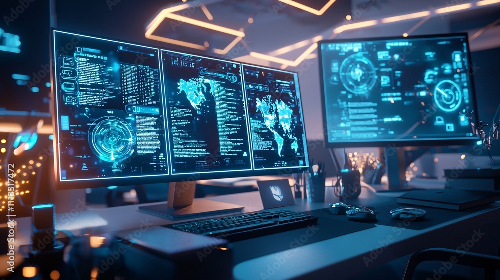 job and career interview concept. High-Tech Office with Multiple Monitors Displaying Data job and career interview concept. High-Tech Office with Multiple Monitors Displaying Data