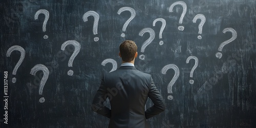 Businessman Facing Chalkboard Filled with Question Marks, Symbolizing Uncertainty Problem Solving