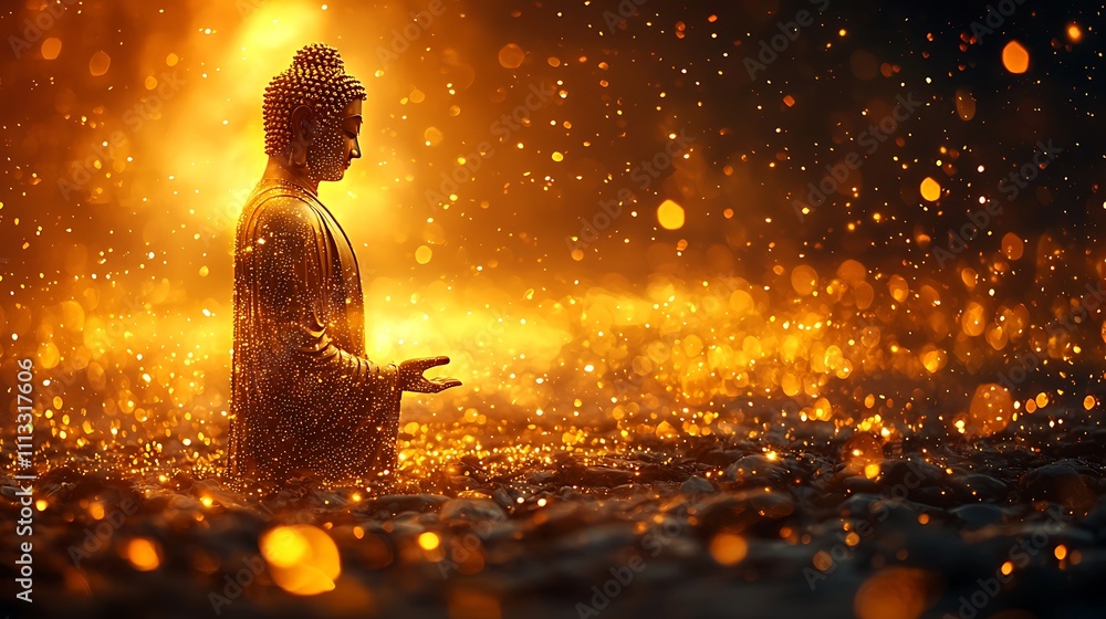 Obraz premium Buddha silhouette standing forward, body composed of golden shimmering dots ethereal light 