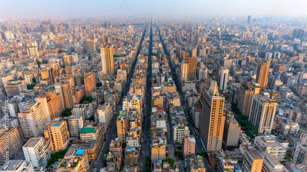 Fototapeta premium Aerial View of a Dense Cityscape at Dusk