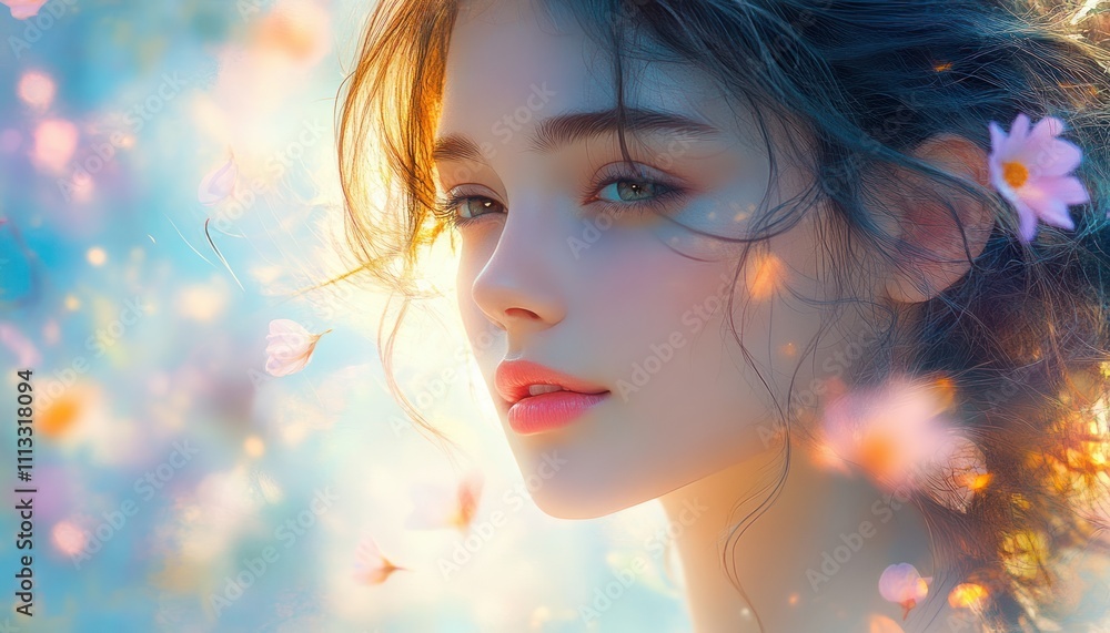 Young Woman Smiling Under Bright Sunlight with Flowing Hair and Falling Flowers in Ethereal Sky Young Woman Smiling Under Bright Sunlight with Flowing Hair and Falling Flowers in Ethereal Sky