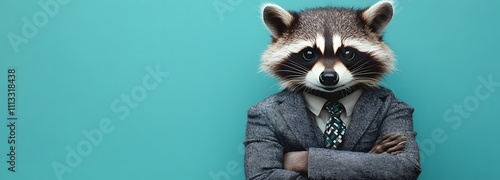 A raccoon in a stylish gray blazer and patterned tie, standing with arms crossed against a turquoise backdrop and large empty space. photo