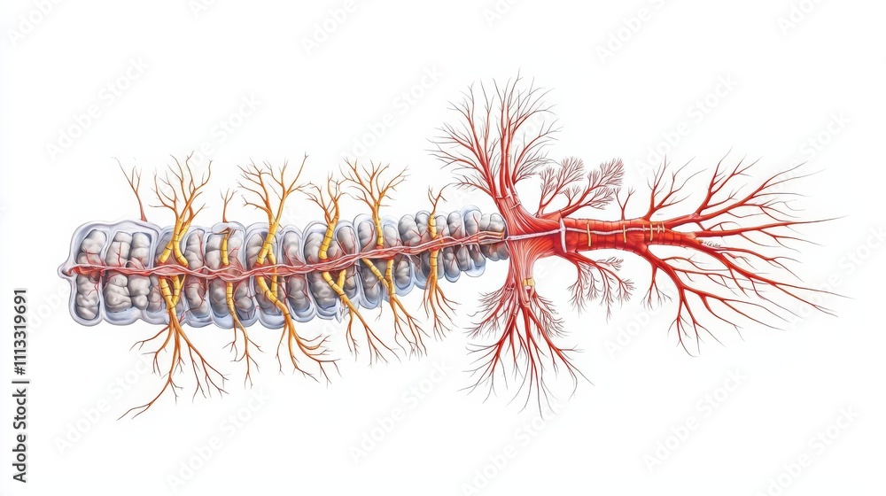 Crosssectional medical illustration of the human spinal cord, showing the gray and white matter, dorsal root ganglia, and spinal nerves