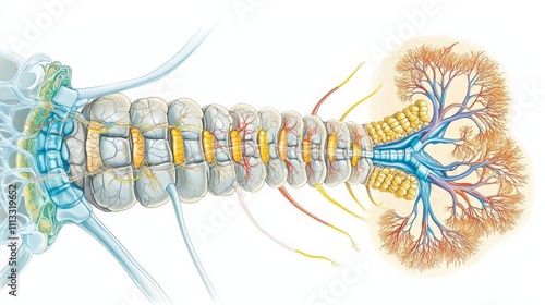 Crosssectional medical illustration of the human spinal cord, showing the gray and white matter, dorsal root ganglia, and spinal nerves photo