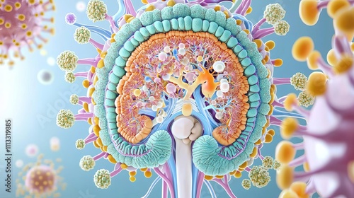 Realistic diagram of the adrenal glands located above the kidneys, showing the cortex and medulla Highlight hormone secretion processes photo