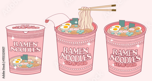 Ramen cup noodles flavored food pink aesthetic illustration