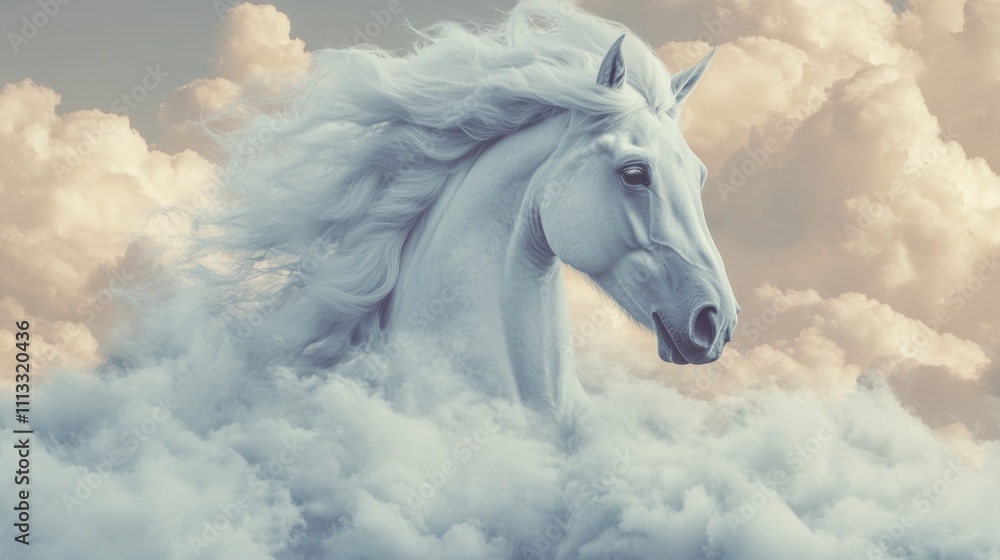 Majestic white horse with flowing mane, appearing to run through clouds. Serene, ethereal, dreamlike. Majestic white horse with flowing mane, appearing to run through clouds. Serene, ethereal, dreamlike.