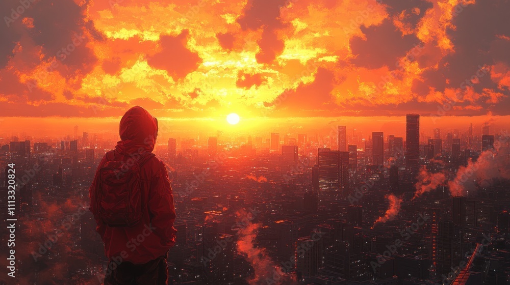 Woman in Red Hoodie Watching Futuristic City at Sunset Woman in Red Hoodie Watching Futuristic City at Sunset